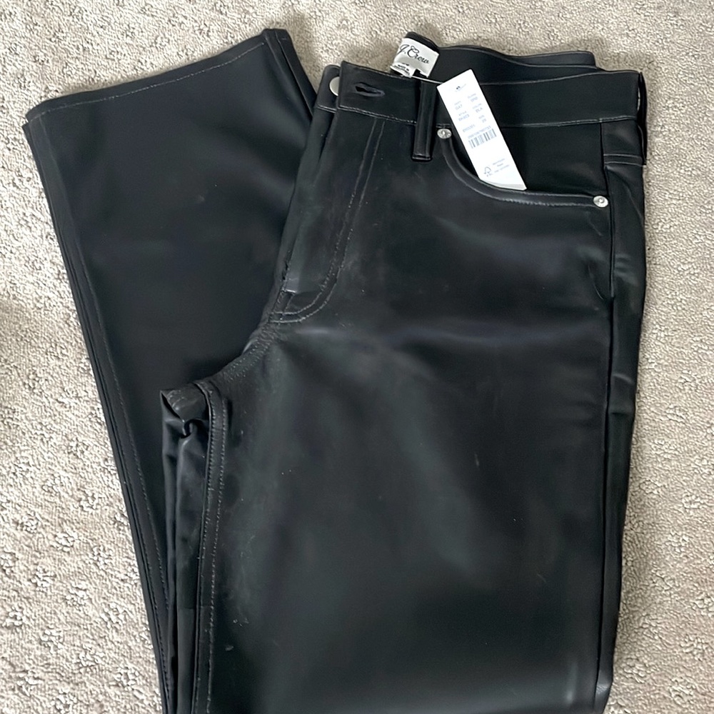 J Crew high rise slim semi boot pant in faux leather. Size 28. NWT.